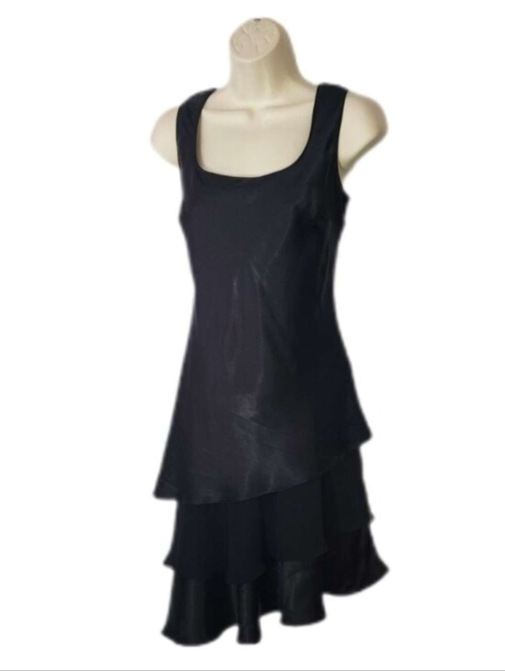 Karin Stevins Dress Satin Y2K Cocktail Layered Tiered Sleeveless Black Size 8